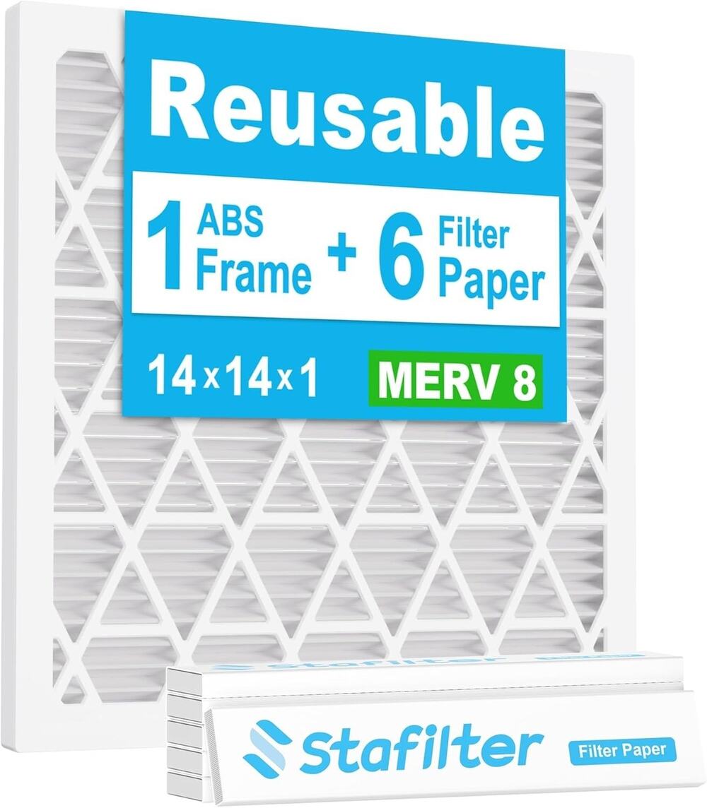 STAFILTER Reusable 14x14x1 Air Filter (MERV 8), 1 Foldable Frame + 6 Refills NEW